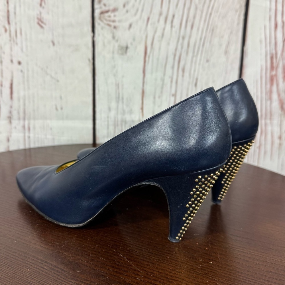 ESCADA vintage almond toe pumps Elegant Navy Blue & gold Studded Heels as is 6.5